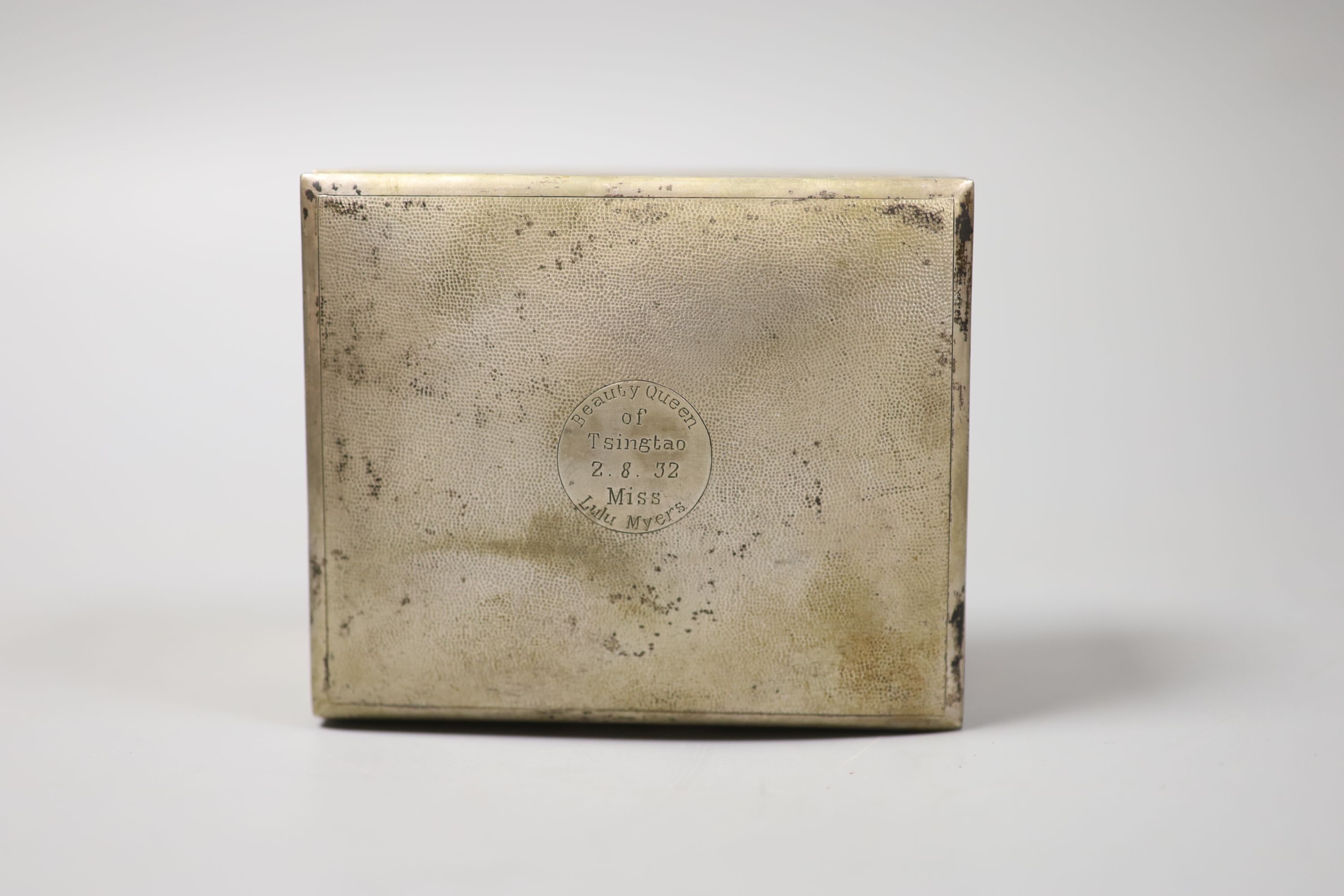 An early 20th century Chinese Export mounted white metal cigarette box by Tuck Chang, 10.3cm.